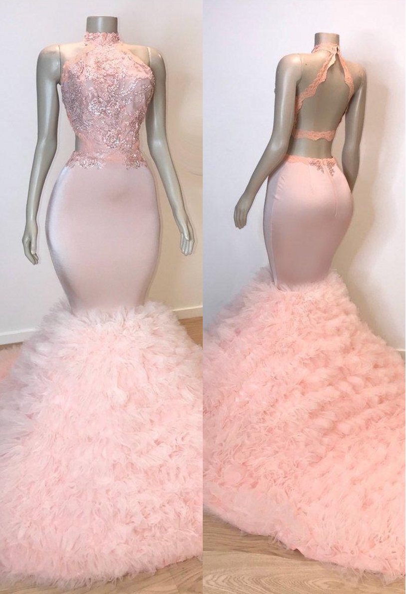 Pink Halter Sleeveless Mermaid Long Prom Dresses | New Arrival Chic Open Back Lace Tulle Evening Gowns-newarrivaldress