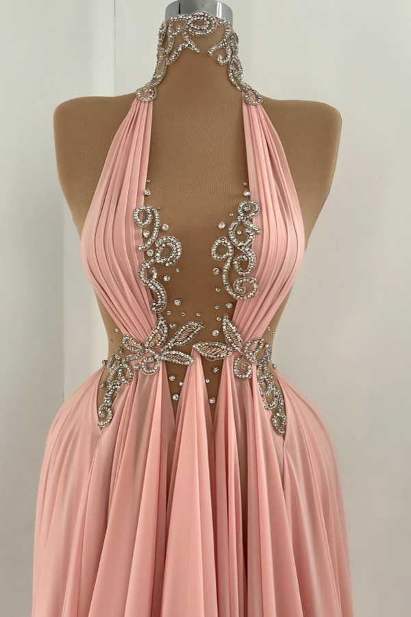 High Neck Ruffle Satin Long Evening Dress Sleeveless with Glitter Beadings-newarrivaldress