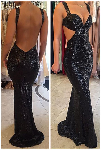 Black Straps Sweep-Train Mermaid Sexy Backless Prom Dresses-newarrivaldress