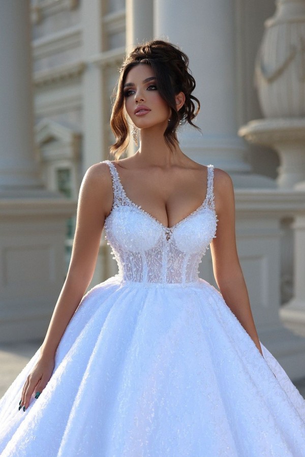 Charming White A-line Wedding Dress Sparkly Sequins Sleeveless Ball Gown-newarrivaldress
