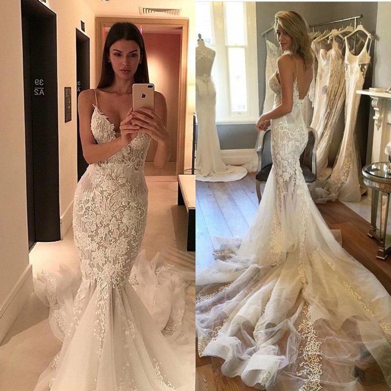 Sexy Spaghetti Straps Lace Charming Tulle Button Mermaid Wedding Dresses-newarrivaldress