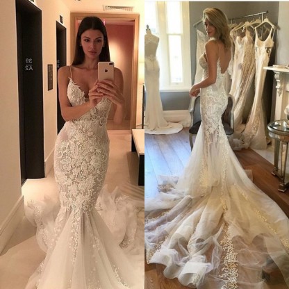 Sexy Spaghetti Straps Lace Charming Tulle Button Mermaid Wedding Dresses-newarrivaldress
