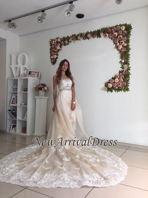 Gorgeous Mermaid Lace Detachable Cathedral Train Tulle Wedding Dresses Online-newarrivaldress