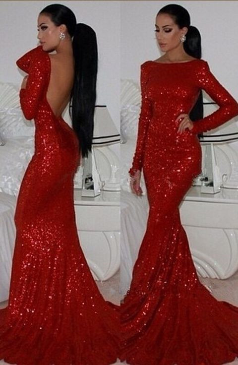 New Fashion Long Prom Dresses Sparkly High Neck Sequined Mermaid Red Long Sleeve Formal Evening Gown-newarrivaldress