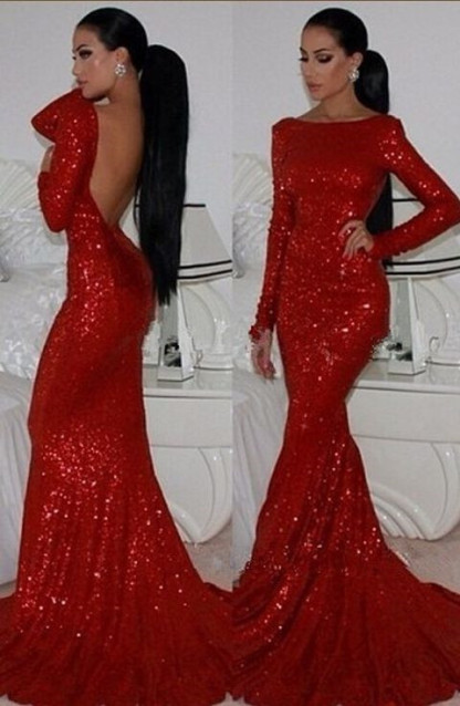 New Fashion Long Prom Dresses Sparkly High Neck Sequined Mermaid Red Long Sleeve Formal Evening Gown-newarrivaldress