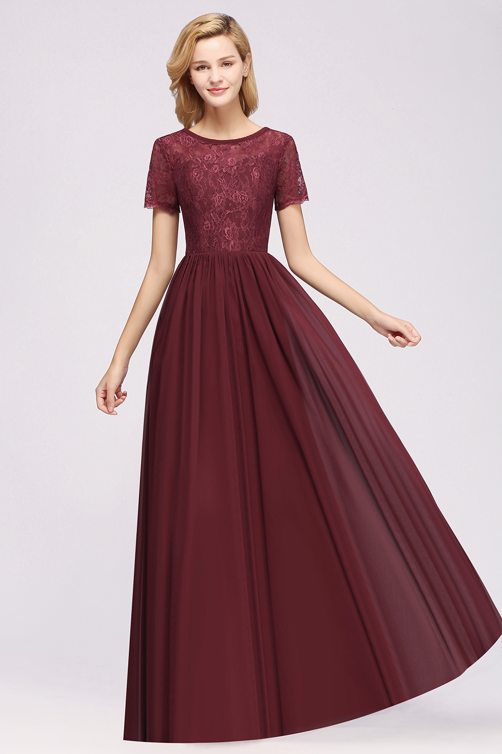 A-line Chiffon Lace Jewel Short-Sleeves Floor-length Bridesmaid Dress-newarrivaldress