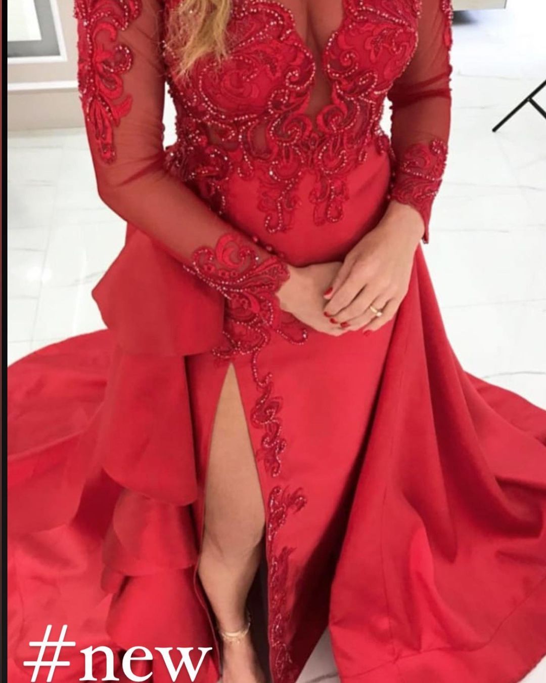 Elegant Red Long Sleeve Lace Appliques Evening Dress Side Slit Party Dress-newarrivaldress