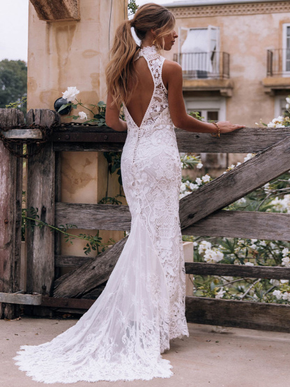 Boho Wedding Dress 2021 Sheath High Neck Sleeveless Floor Length Bridal Gown-newarrivaldress