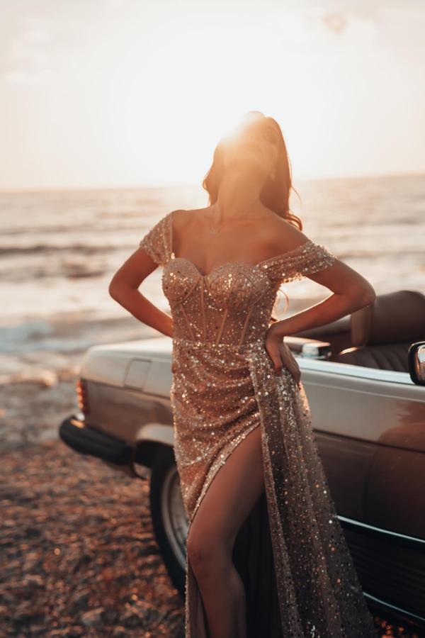 Sexy Off-the-Shoulder Glitter Sequins Prom Dress Side Slut Long Evening Dress for Women-newarrivaldress