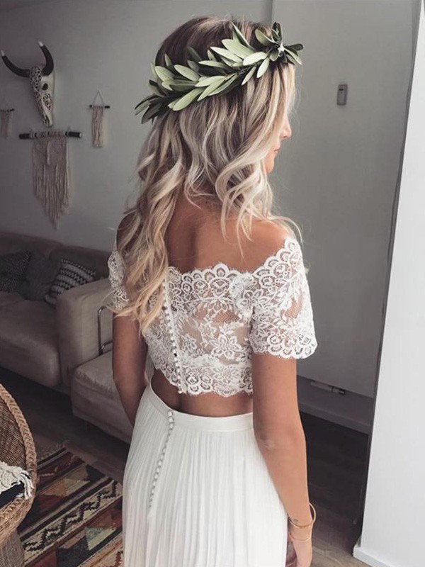chinese dress ladies Two Piece Half Sleeves Wedding Dress with Lace Top WD387 US12 / White