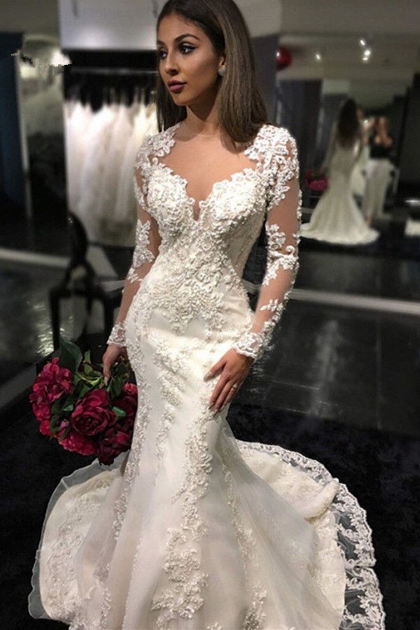 Mermaid Appliques Tulle Mermaid Charming Sheer Tulle Long Sleeves Bridal Dresses-newarrivaldress