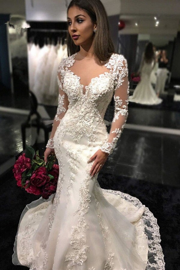 Mermaid Appliques Tulle Mermaid Charming Sheer Tulle Long Sleeves Bridal Dresses-newarrivaldress