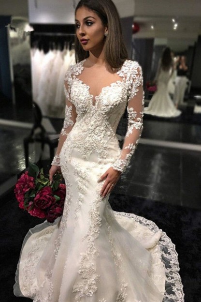 Mermaid Appliques Tulle Mermaid Charming Sheer Tulle Long Sleeves Bridal Dresses-newarrivaldress