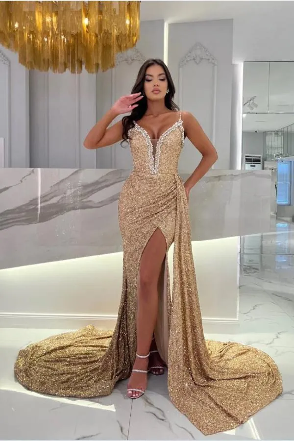 Stunning Glitter Gold Sequins Long mermaid Evening Dress Deep V-Neck Side Split Prom Dress