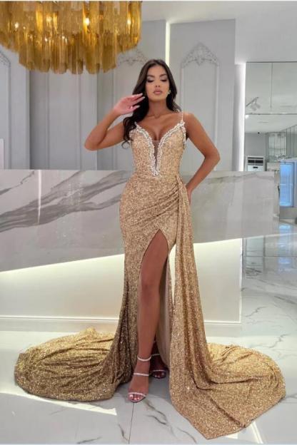 Stunning Glitter Gold Sequins Long mermaid Evening Dress Deep V-Neck Side Split Prom Dress-newarrivaldress