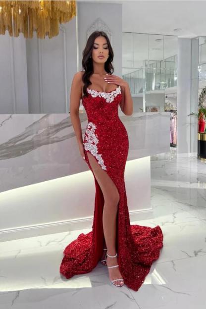 Sexy Strapless Red Sequins Crystals Long Mermaid Evening Dress-newarrivaldress