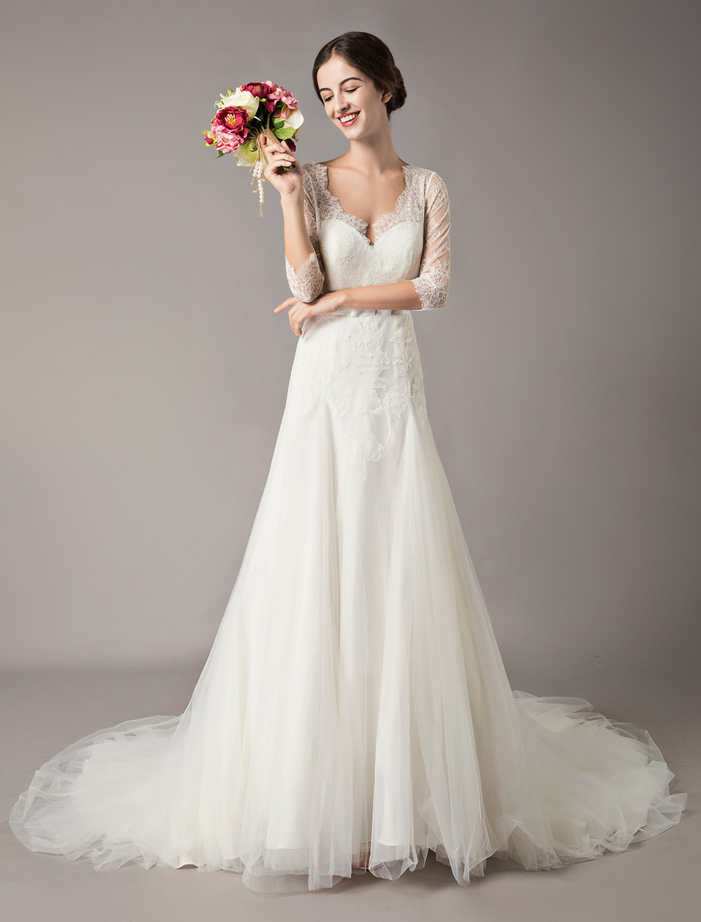 Wedding Dresses A Line Ivory V Neck Lace Tulle Half Sleeve Bridal Dress With Train-newarrivaldress