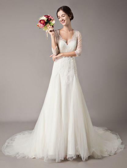 Wedding Dresses A Line Ivory V Neck Lace Tulle Half Sleeve Bridal Dress With Train-newarrivaldress