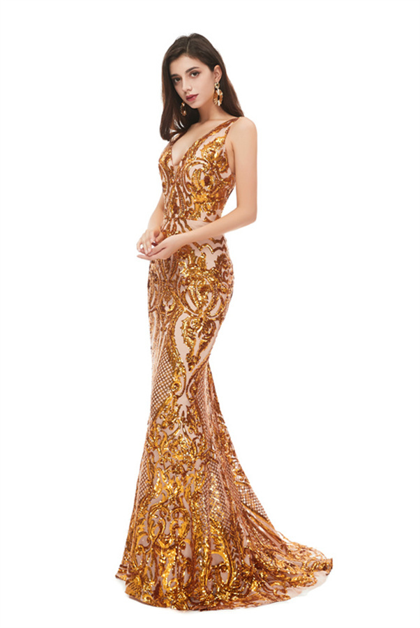 Gorgeous V-Neck Sequins Mermaid Prom Dress Sleeveless Long Evening Dress-newarrivaldress