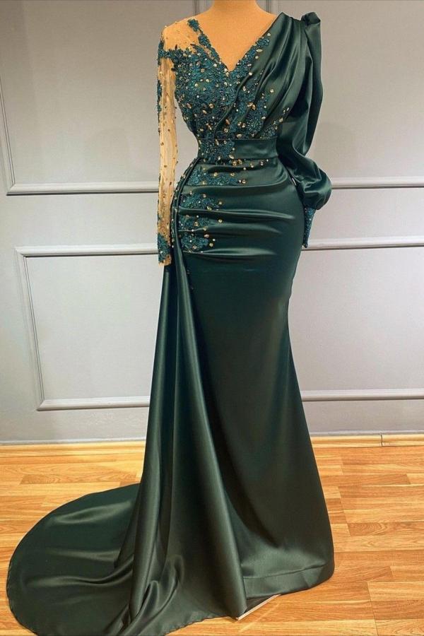 Long Sleeves Dark Green Evening Dress V-Neck Satin Prom Dress with Beads-newarrivaldress