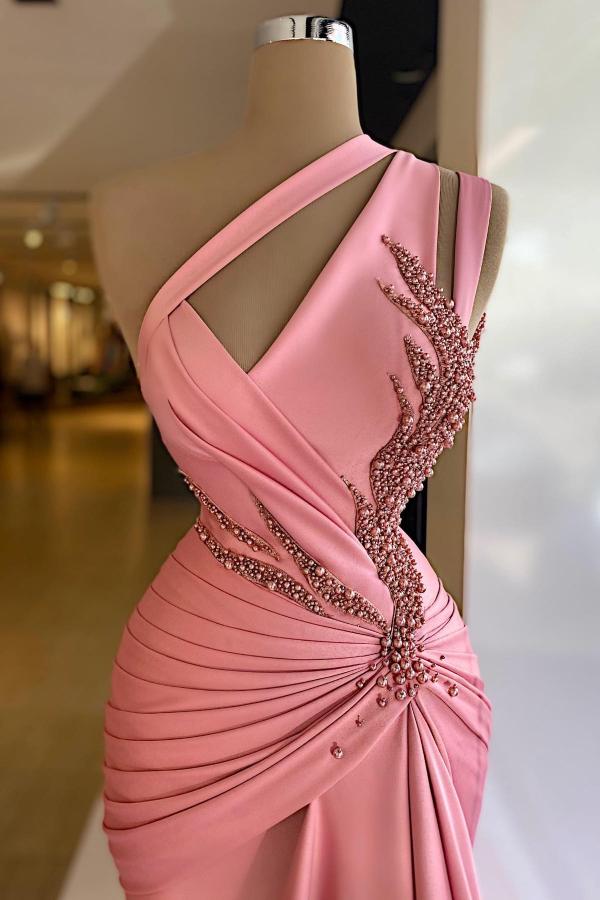 One Shoulder Ruched Satin Side Split Long Prom Dresses with Crystals-newarrivaldress