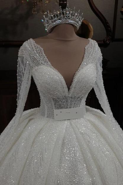 Glitter Wedding Dresses with Long Sleeves V-Neck Sequins Aline Bridal Dress-newarrivaldress
