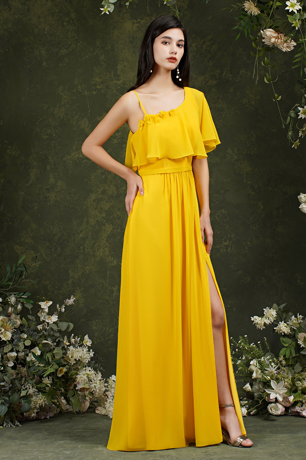 Yellow One Shoulder Chiffon Bridesmaid Dress Side Slit Long Evening Dress-newarrivaldress