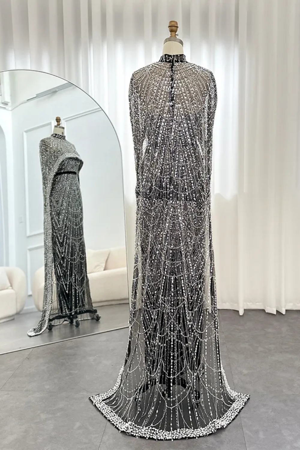 Luxury Sequins Dubai Mermaid Evening Dress with Cape Glitter Pearls Floor Length Party Dress-newarrivaldress