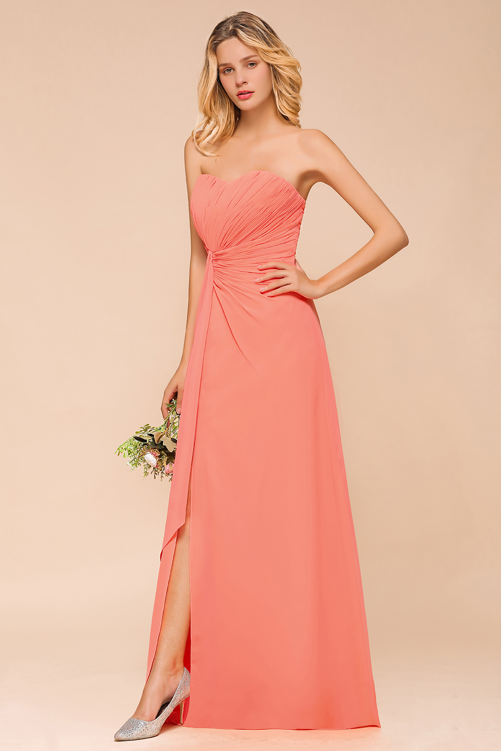 Sweetheart Ruffle Affordable Coral Chiffon Bridesmaid Dresses Strapless Lace-up Floor Length Wedding Guest Dresses-newarrivaldress