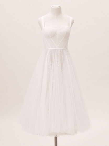 White Bridal Short Dress T-Length A-Line Sweetheart Pearls Spaghetti Straps Tea Length Dress-newarrivaldress
