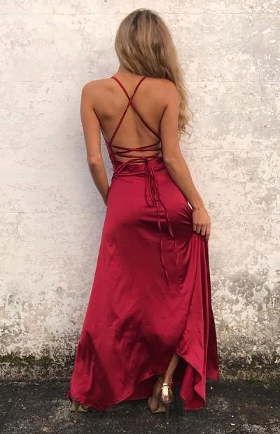 Sexy Simple Red Backless Prom Dresses Side Split Halter Party Gowns SK0038-newarrivaldress