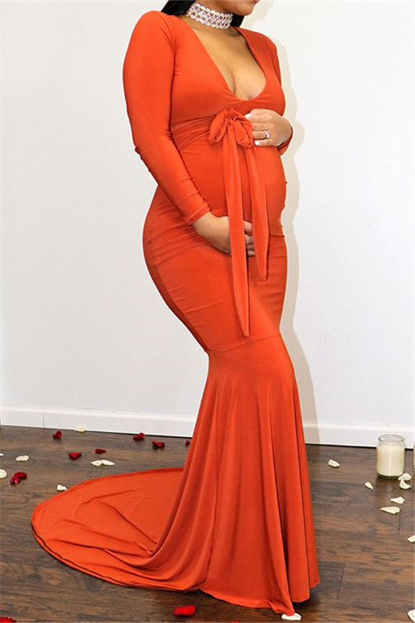 Glamorous Long Sleeve V-Neck Pregnant Mermaid Long Prom Dresses-newarrivaldress