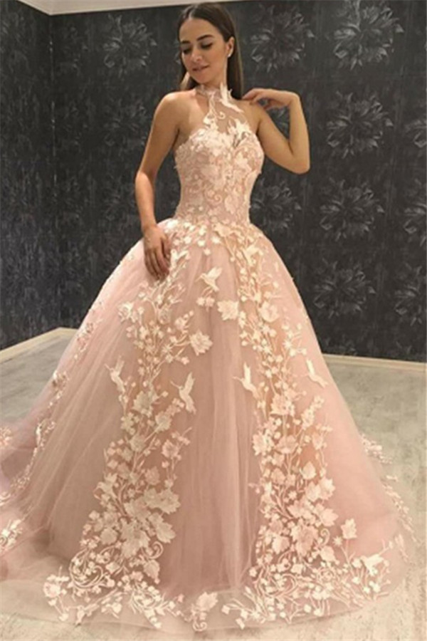 Chic Halter Sleeveless Tulle Lace Appliques Ball Gown Prom Dresses-newarrivaldress