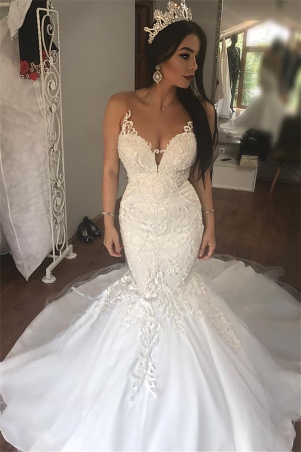 Sleeveless Lace Mermaid Gorgeous Long Buttons Wedding Dresses-newarrivaldress