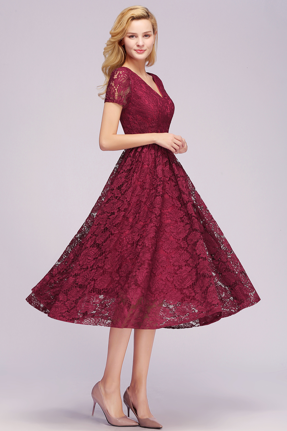 Burgundy Short Sleeves Flower Lace V-neck Dresses with Sash-newarrivaldress