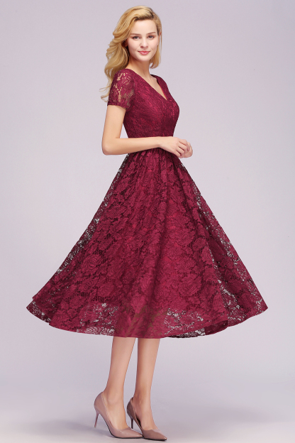 Burgundy Short Sleeves Flower Lace V-neck Dresses with Sash-newarrivaldress
