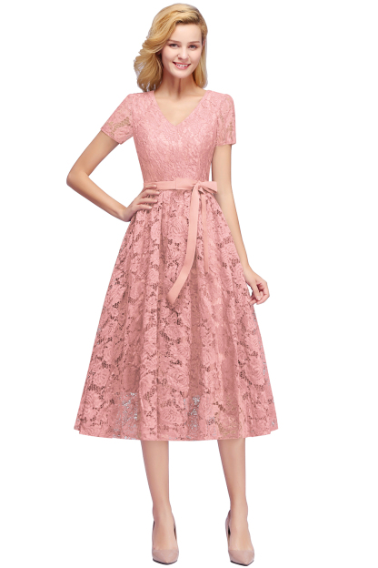 Burgundy Short Sleeves Flower Lace V-neck Dresses with Sash-newarrivaldress