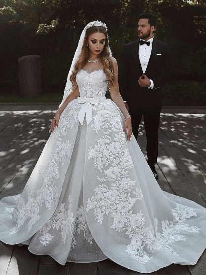Sexy Lace Wedding Dresses With Bows | Sweetheart Sleeveless Overskirt Bridal Gowns