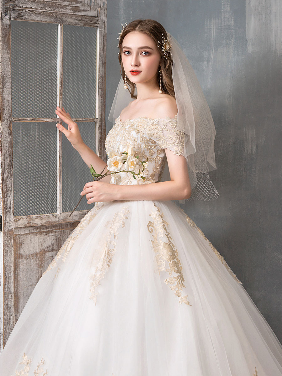 Wedding Dresses 2021 Ball Gown Off Shoulder Golden Lace Appliqued Floor Length Bridal Dress-newarrivaldress