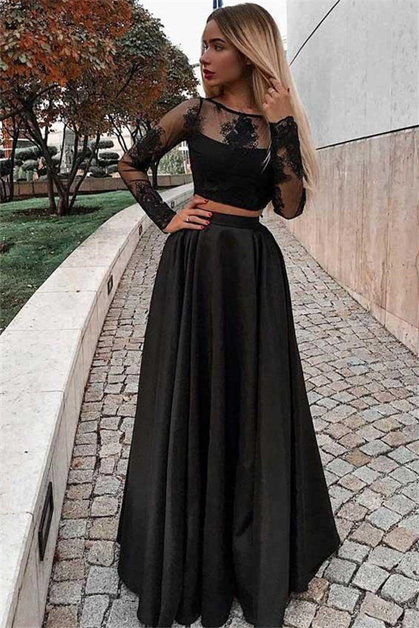 Black Sheer Tulle Long Sleeves Two-Pieces A-Line Prom Dresses-newarrivaldress