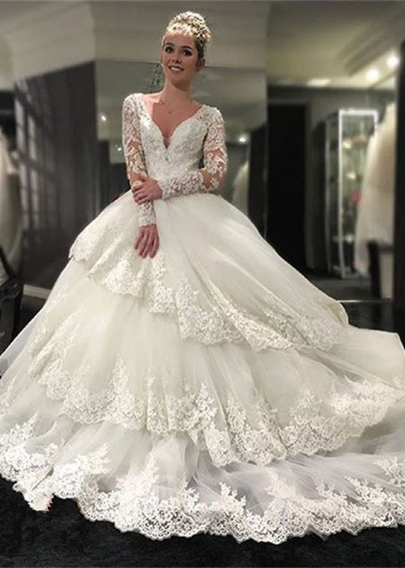 Three-Layers Long Sleeve Online New Arrival Lace Appliques Delicate Elegant Ball Gown Wedding Dresses-newarrivaldress