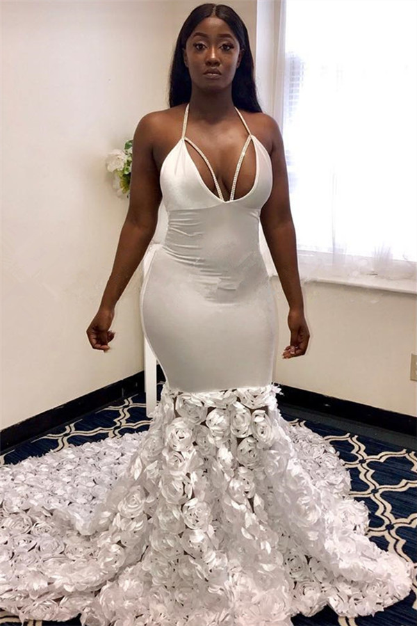 Chic Halter Deep V-Neck Flower Sexy Mermaid Prom Dresses-newarrivaldress