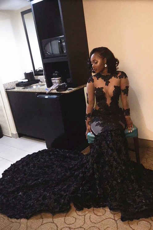 Long-Sleeves Mermaid Black Sexy Appliques Prom Dress | Plus Size Prom Dress-newarrivaldress