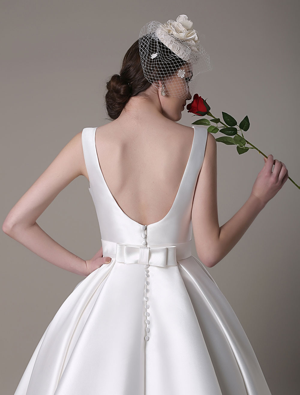 Ivory Wedding Dress Scoop Backless Knee Length Satin Wedding Gown Exclusive-newarrivaldress