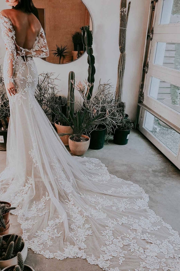 Eric White Wedding Dress Illusion Neckline Long Sleeves Backless Natural Waist Lace With Train Long Bridal Mermaid Dress-newarrivaldress