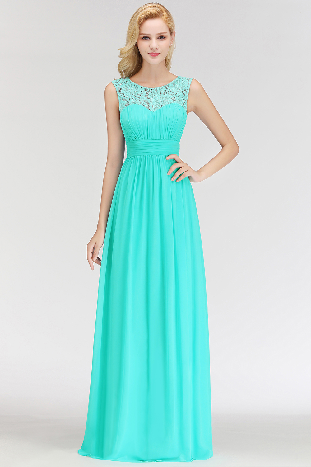 MABEL | A-line Sleevless Long Lace Appliques Neckline Bridesmaid Dresses-newarrivaldress