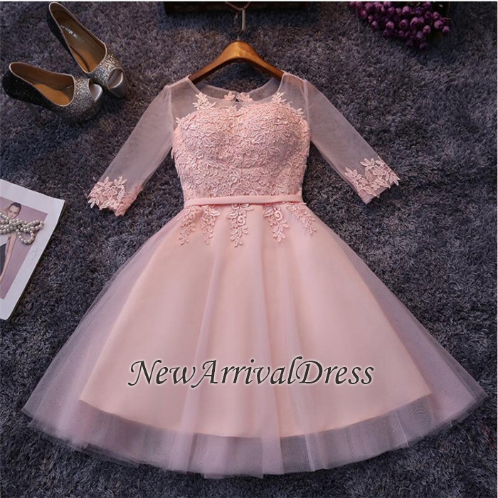 Appliques Tulle Half Sleeves Pink Sexy Short Homecoming Dresses-newarrivaldress