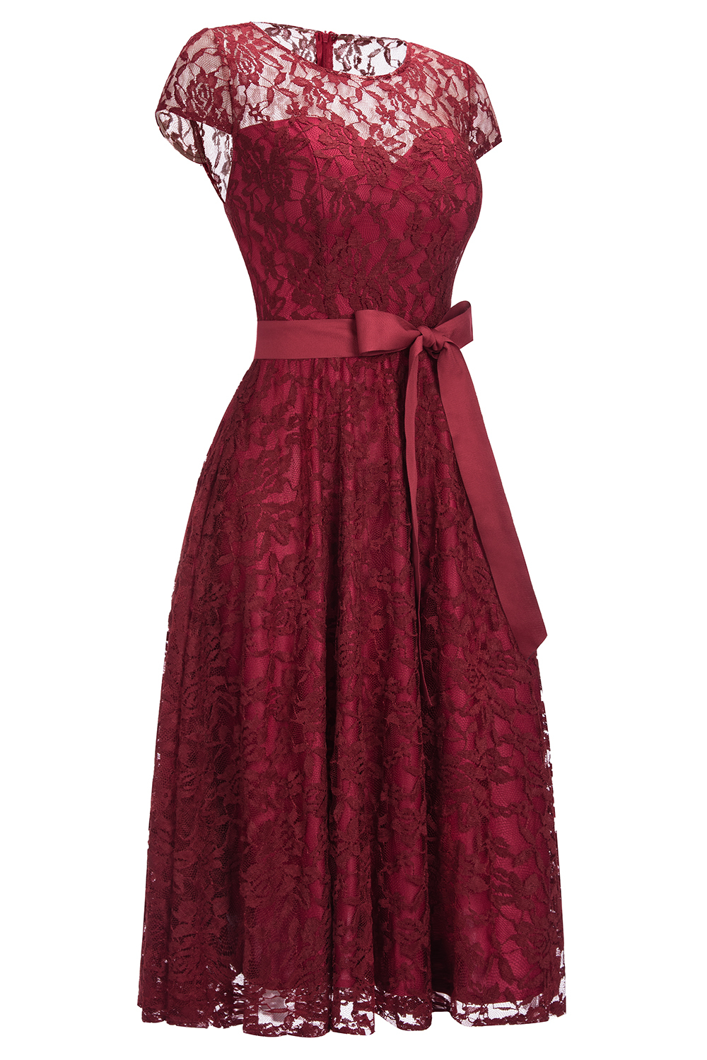 Burgundy Lace Short Sleeves A-line Dresses with Bow-newarrivaldress