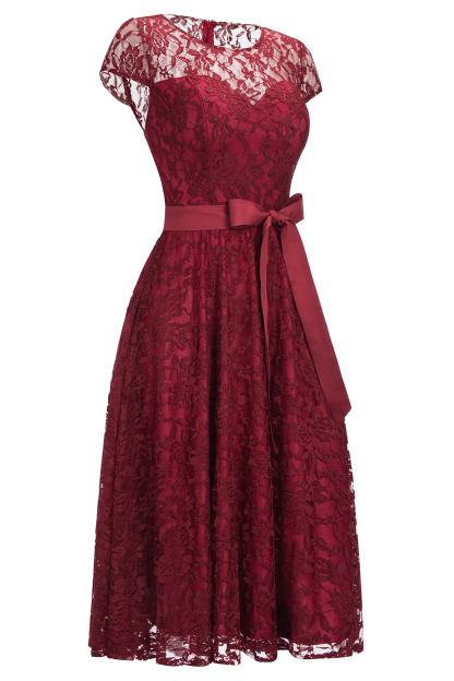 Burgundy Lace Short Sleeves A-line Dresses with Bow-newarrivaldress
