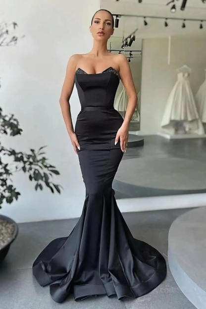 Sexy Sleeveless Black Mermaid Prom Dress Strapless Slim Floor Length Party Dress-newarrivaldress